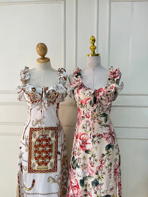 Spring Floral Ruffle Straps Side Slit Dresses